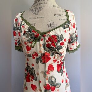 Cider 0XL Cream Dress with Red Strawberry Print and Olive Trim